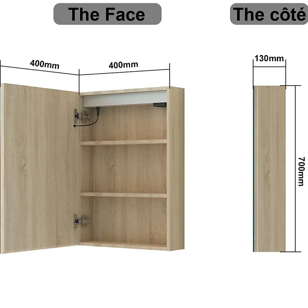 Armoire De Toilette|AICA Sanitaire Armoire de toilette avec Miroir LED Anti-Buée, Éclairage 3 Couleurs et Prise Rasoir, Chêne, 40x70 cm,