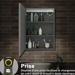 Armoire De Toilette|AICA Sanitaire Armoire de toilette avec Miroir LED Anti-Buée, Éclairage 3 Couleurs et Prise Rasoir, Anthracite, 50x70 cm,