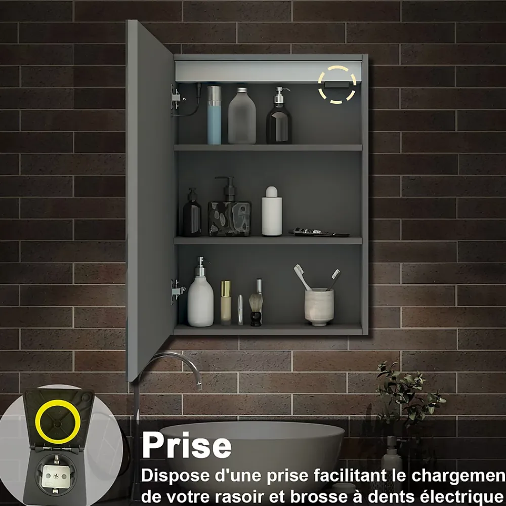 Armoire De Toilette|AICA Sanitaire Armoire de toilette avec Miroir LED Anti-Buée, Éclairage 3 Couleurs et Prise Rasoir, Anthracite, 50x70 cm,