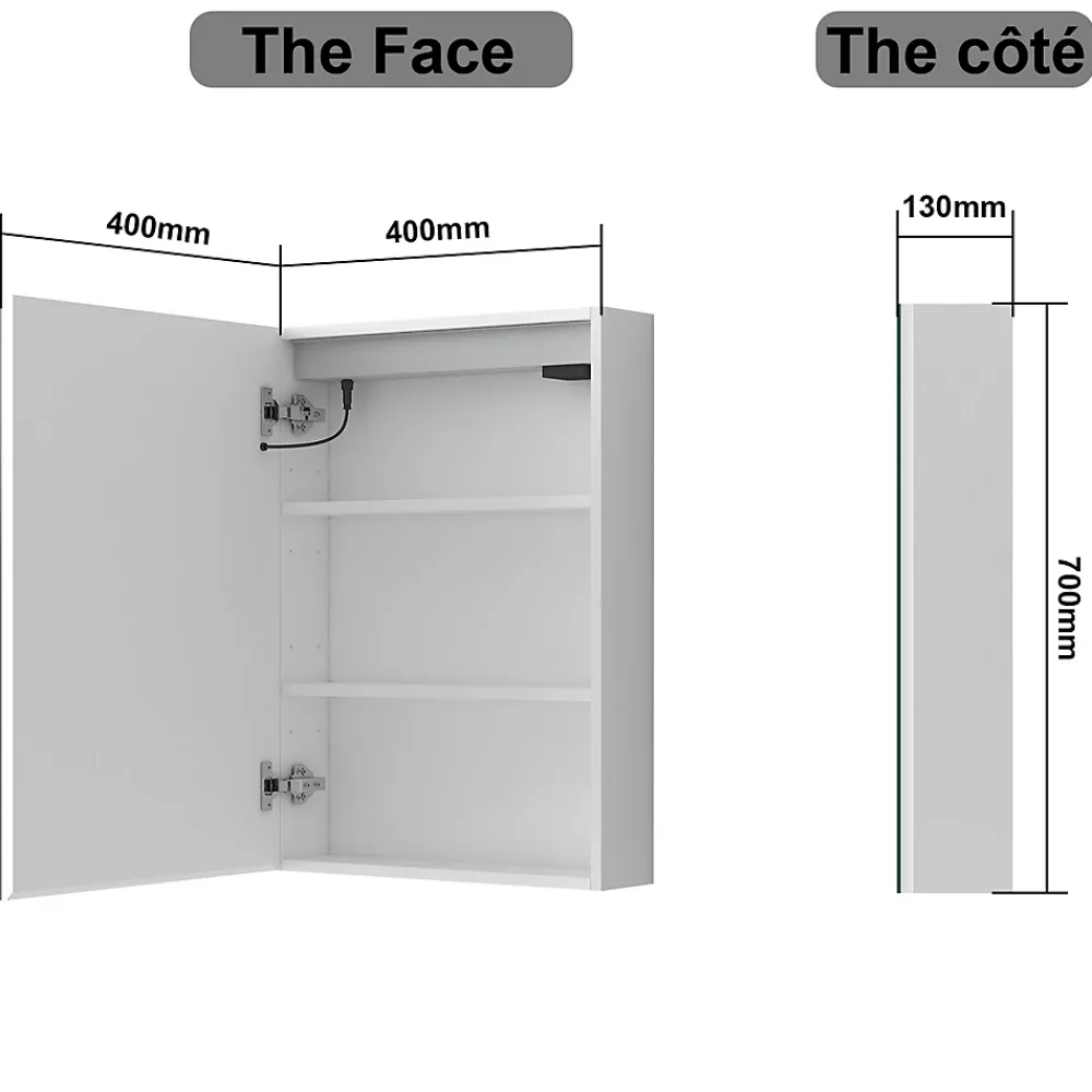 AICA Sanitaire Armoire de toilette avec Miroir LED Anti-Buée, Éclairage 3 Couleurs et Prise Rasoir, Blanc, 40x70 cm,