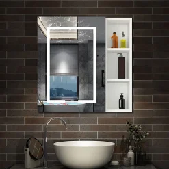 AICA Sanitaire Armoire de toilette avec Miroir LED et Étagère Latérale, Anti-Buée, Éclairage 3 Couleurs + Prise USB, Blanc 80x70 cm