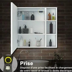 AICA Sanitaire Armoire de toilette avec Miroir LED et Étagère Latérale, Anti-Buée, Éclairage 3 Couleurs + Prise USB, Blanc 80x70 cm