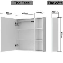 AICA Sanitaire Armoire de toilette avec Miroir LED et Étagère Latérale, Anti-Buée, Éclairage 3 Couleurs + Prise USB, Blanc 80x70 cm