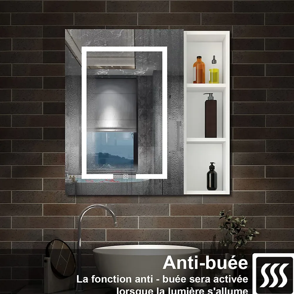 AICA Sanitaire Armoire de toilette avec Miroir LED et Étagère Latérale, Anti-Buée, Éclairage 3 Couleurs + Prise USB, Blanc 80x70 cm