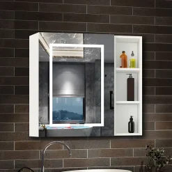 AICA Sanitaire Armoire de toilette avec Miroir LED et Étagère Latérale, Anti-Buée, Éclairage 3 Couleurs + Prise USB, Blanc 80x70 cm