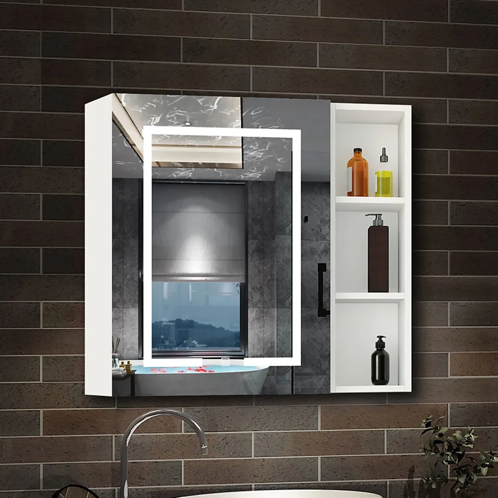 AICA Sanitaire Armoire de toilette avec Miroir LED et Étagère Latérale, Anti-Buée, Éclairage 3 Couleurs + Prise USB, Blanc 80x70 cm