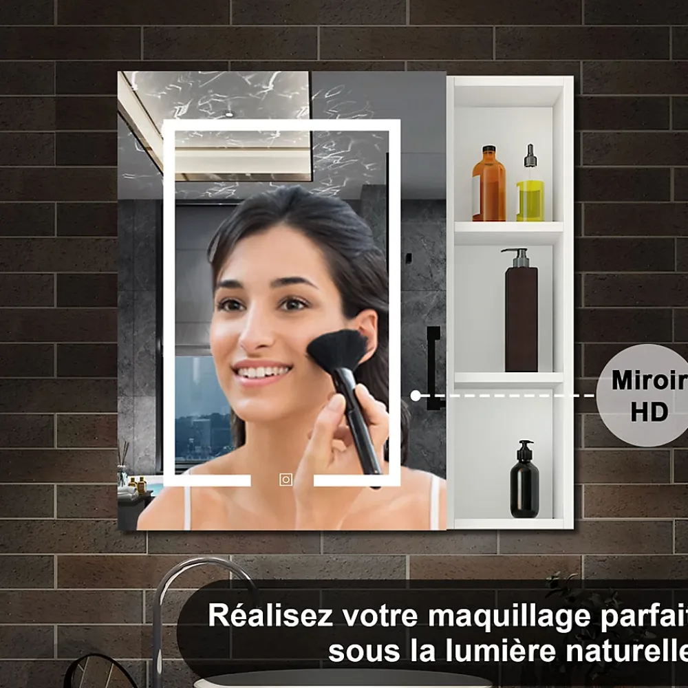 AICA Sanitaire Armoire de toilette avec Miroir LED et Étagère Latérale, Anti-Buée, Éclairage 3 Couleurs + Prise USB, Blanc 80x70 cm