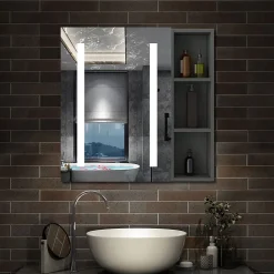 AICA Sanitaire Armoire de toilette avec Miroir LED et Étagère Latérale, Anti-Buée, Éclairage 3 Couleurs + Prise, Anthracite 80x70 cm