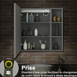 AICA Sanitaire Armoire de toilette avec Miroir LED et Étagère Latérale, Anti-Buée, Éclairage 3 Couleurs + Prise, Anthracite 80x70 cm