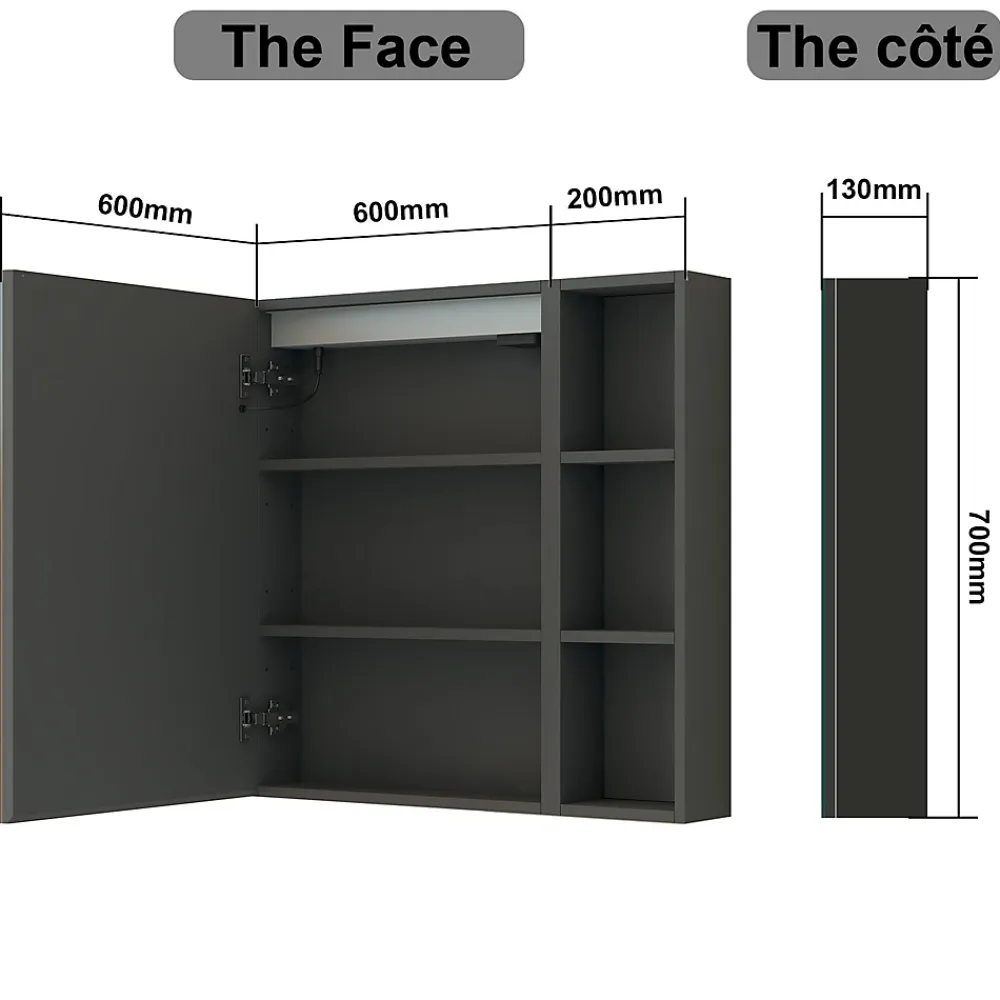 AICA Sanitaire Armoire de toilette avec Miroir LED et Étagère Latérale, Anti-Buée, Éclairage 3 Couleurs + Prise, Anthracite 80x70 cm