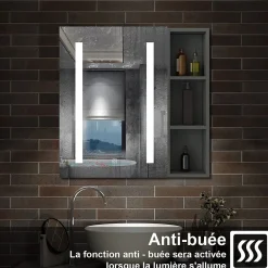 AICA Sanitaire Armoire de toilette avec Miroir LED et Étagère Latérale, Anti-Buée, Éclairage 3 Couleurs + Prise, Anthracite 80x70 cm