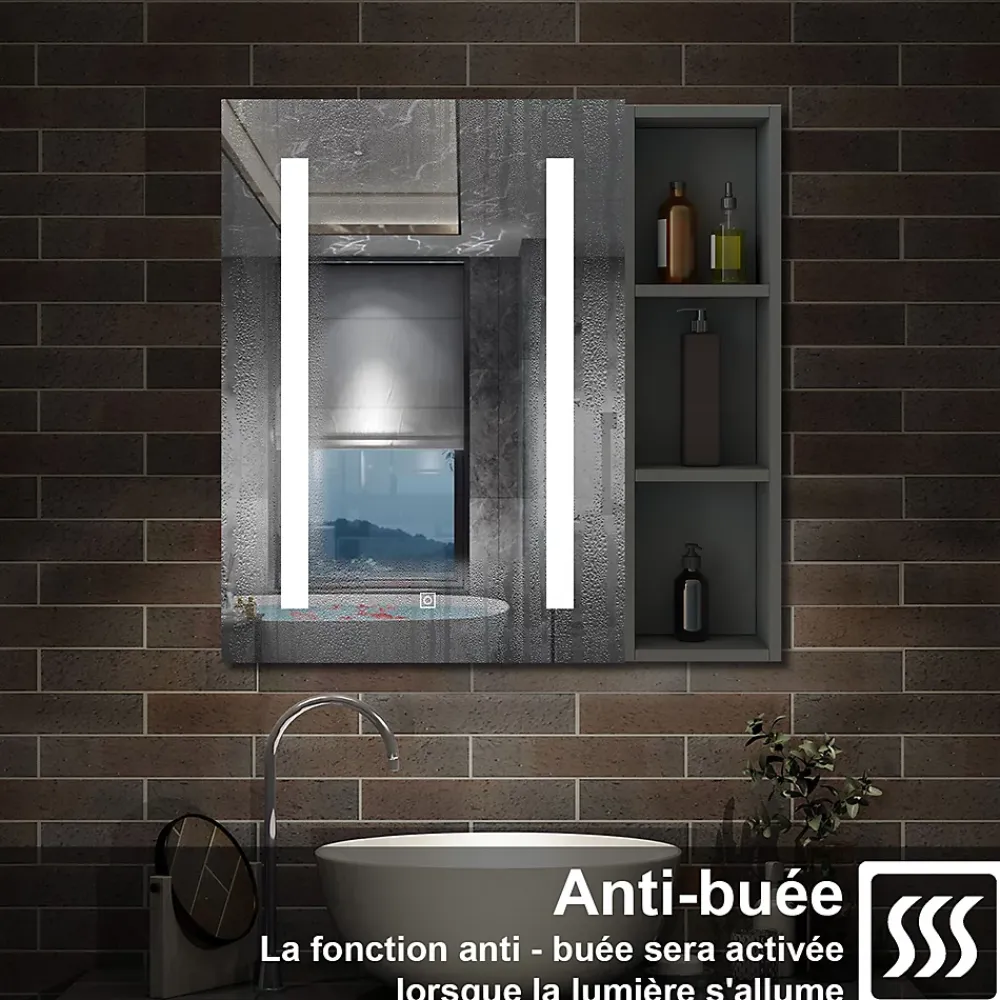 AICA Sanitaire Armoire de toilette avec Miroir LED et Étagère Latérale, Anti-Buée, Éclairage 3 Couleurs + Prise, Anthracite 80x70 cm