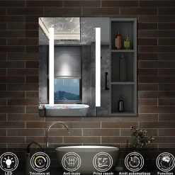 AICA Sanitaire Armoire de toilette avec Miroir LED et Étagère Latérale, Anti-Buée, Éclairage 3 Couleurs + Prise, Anthracite 60x70 cm