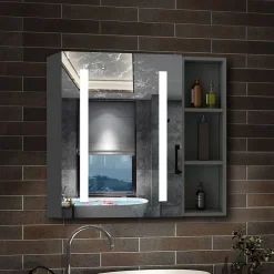 AICA Sanitaire Armoire de toilette avec Miroir LED et Étagère Latérale, Anti-Buée, Éclairage 3 Couleurs + Prise, Anthracite 60x70 cm