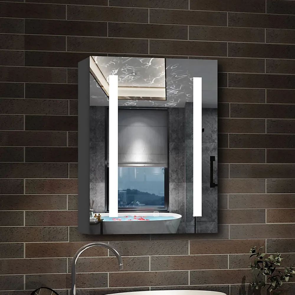 Armoire De Toilette|AICA Sanitaire Armoire de toilette avec Miroir LED Anti-Buée, Éclairage 3 Couleurs et Prise Rasoir, Anthracite, 60x70 cm,