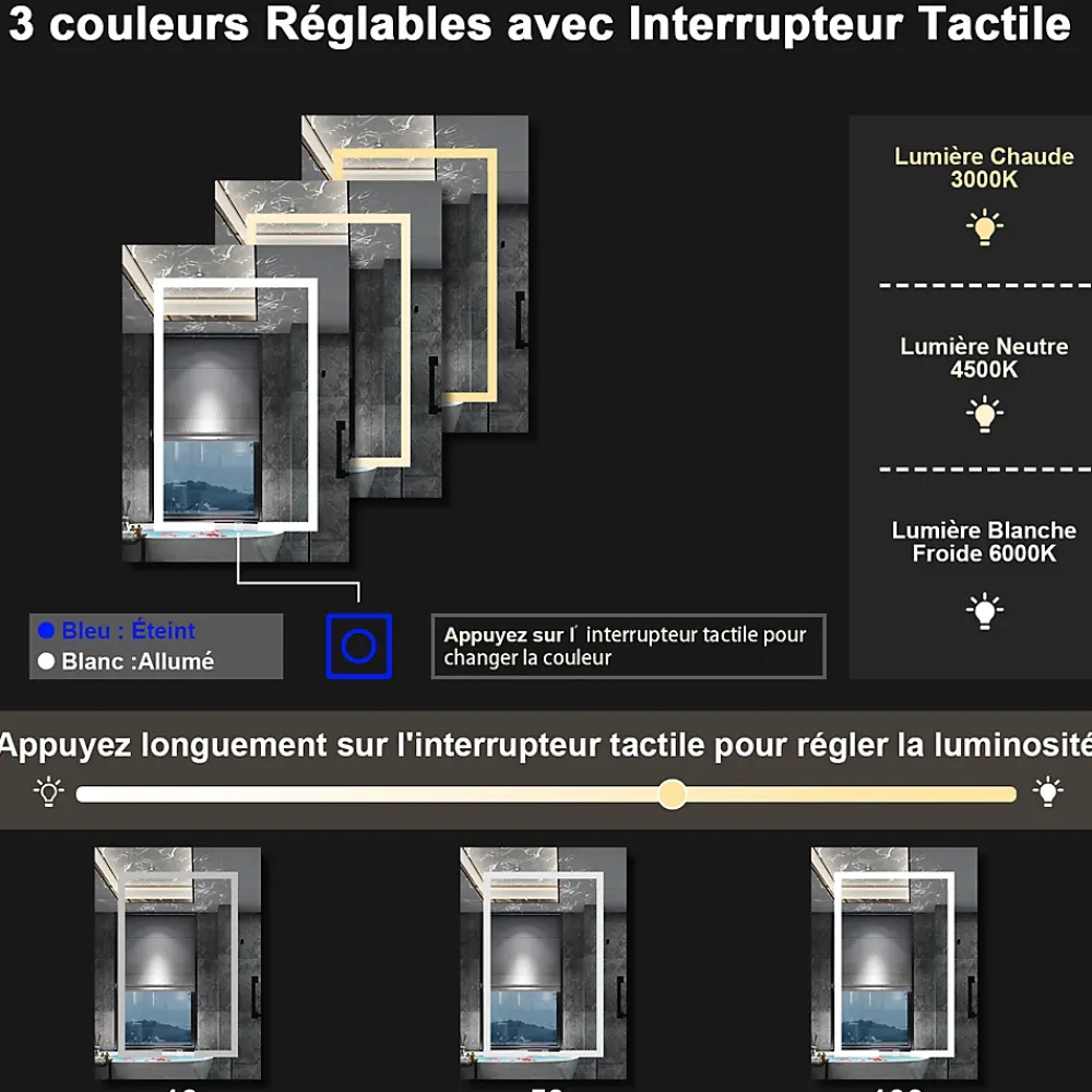 AICA Sanitaire Armoire de toilette avec Miroir LED Anti-Buée, Blanc 60x70 cm, Éclairage 3 Couleurs et Prise Rasoir,