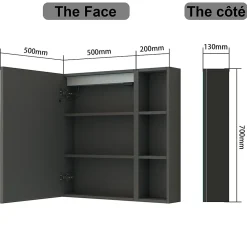 Armoire De Toilette|AICA Sanitaire Armoire de toilette avec Miroir LED et Étagère Latérale, Anti-Buée, Éclairage 3 Couleurs + Prise, Anthracite 70x70 cm
