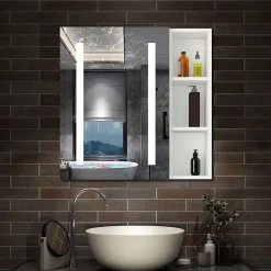 Armoire De Toilette|AICA Sanitaire Armoire de toilette avec Miroir LED et Étagère Latérale, Anti-Buée, Éclairage 3 Couleurs + Prise, Blanc 80x70 cm