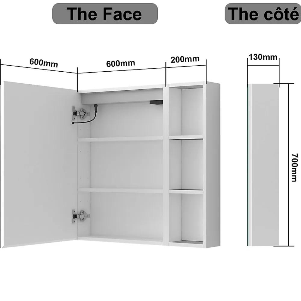 Armoire De Toilette|AICA Sanitaire Armoire de toilette avec Miroir LED et Étagère Latérale, Anti-Buée, Éclairage 3 Couleurs + Prise, Blanc 80x70 cm