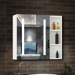 Armoire De Toilette|AICA Sanitaire Armoire de toilette avec Miroir LED et Étagère Latérale, Anti-Buée, Éclairage 3 Couleurs + Prise, Blanc 80x70 cm