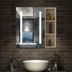 Armoire De Toilette|AICA Sanitaire Armoire de toilette avec Miroir LED et Étagère Latérale, Anti-Buée, Éclairage 3 Couleurs + Prise, Chêne 60x70 cm
