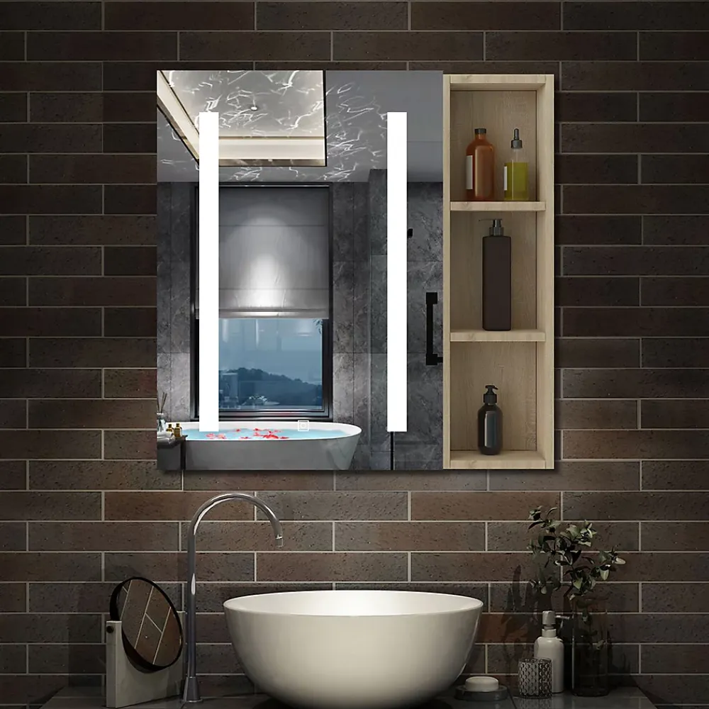 Armoire De Toilette|AICA Sanitaire Armoire de toilette avec Miroir LED et Étagère Latérale, Anti-Buée, Éclairage 3 Couleurs + Prise, Chêne 60x70 cm