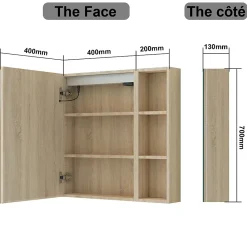 Armoire De Toilette|AICA Sanitaire Armoire de toilette avec Miroir LED et Étagère Latérale, Anti-Buée, Éclairage 3 Couleurs + Prise, Chêne 60x70 cm