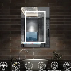 AICA Sanitaire Armoire de toilette avec Miroir LED Anti-Buée, Anthracite 50x70 cm, Éclairage 3 Couleurs et Prise Rasoir,