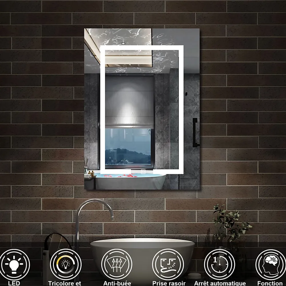 AICA Sanitaire Armoire de toilette avec Miroir LED Anti-Buée, Anthracite 50x70 cm, Éclairage 3 Couleurs et Prise Rasoir,