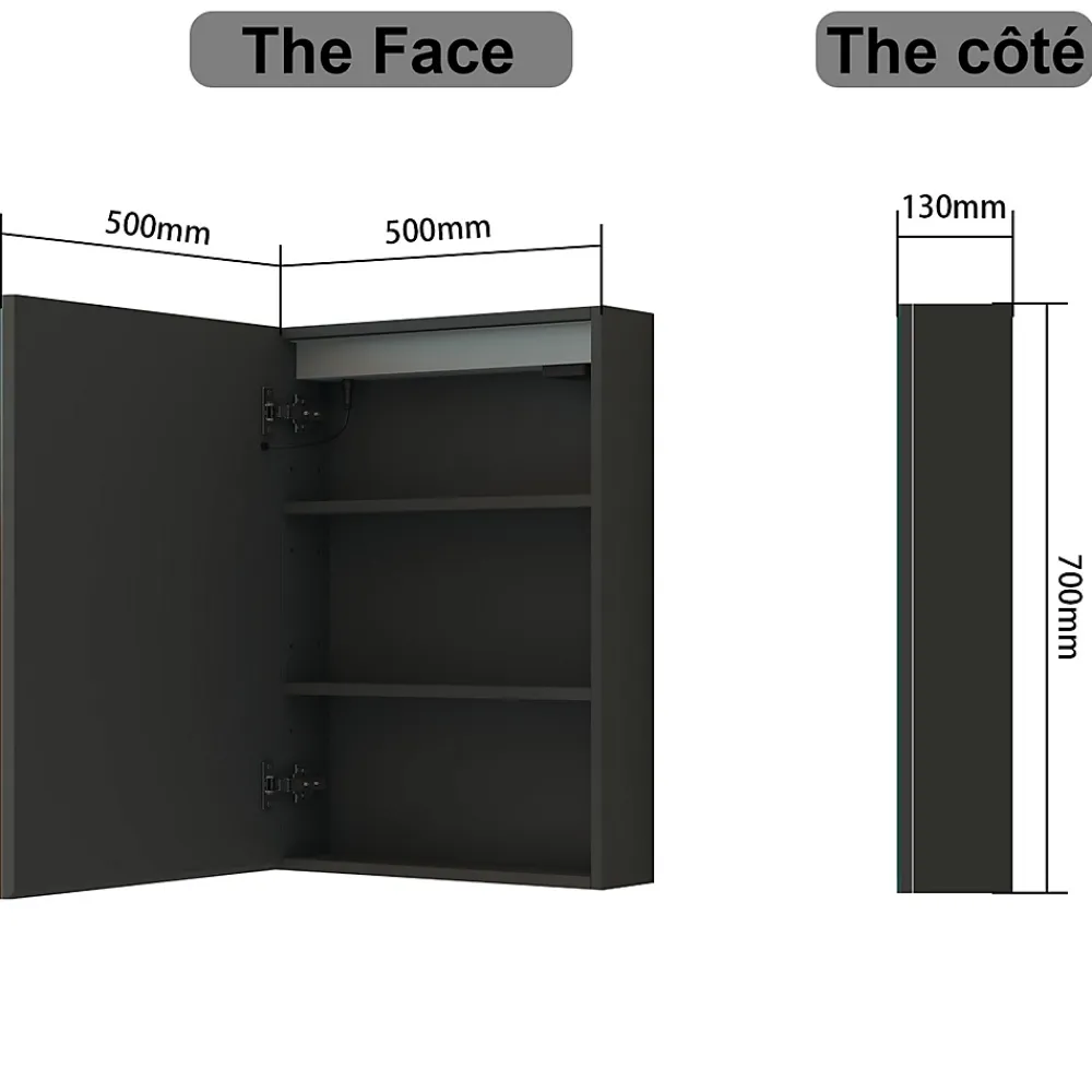 AICA Sanitaire Armoire de toilette avec Miroir LED Anti-Buée, Anthracite 50x70 cm, Éclairage 3 Couleurs et Prise Rasoir,