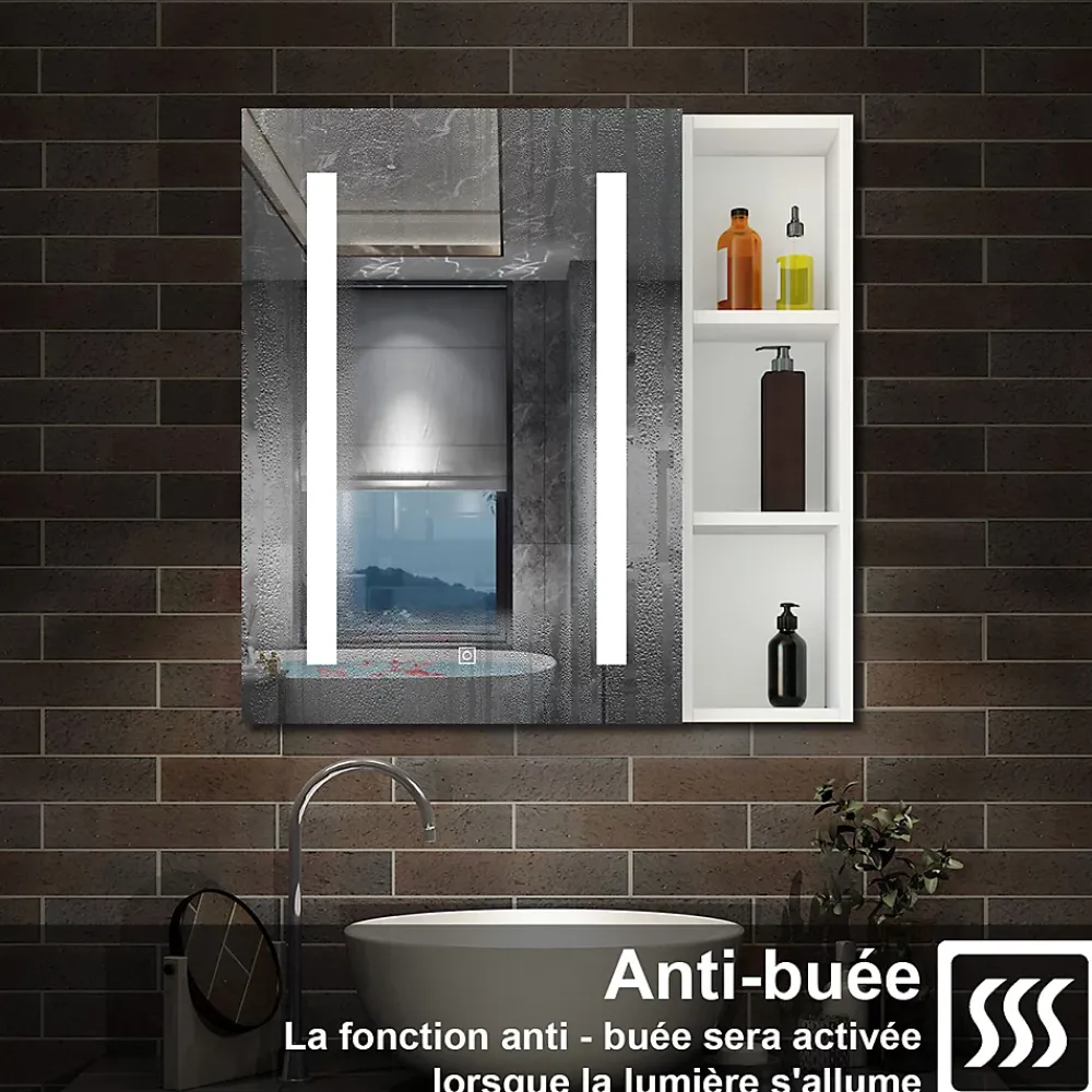 Armoire De Toilette|AICA Sanitaire Armoire de toilette avec Miroir LED et Étagère Latérale, Anti-Buée, Éclairage 3 Couleurs + Prise, Blanc 70x70 cm