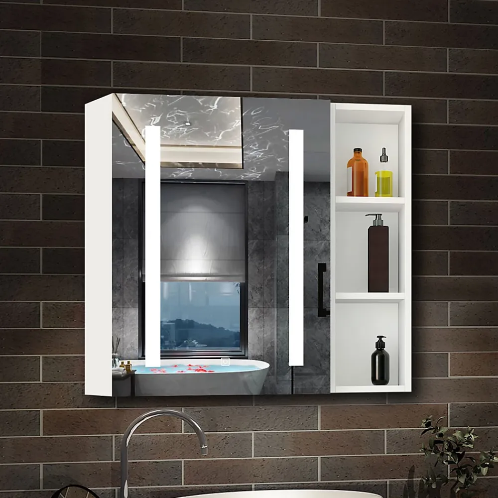 Armoire De Toilette|AICA Sanitaire Armoire de toilette avec Miroir LED et Étagère Latérale, Anti-Buée, Éclairage 3 Couleurs + Prise, Blanc 70x70 cm