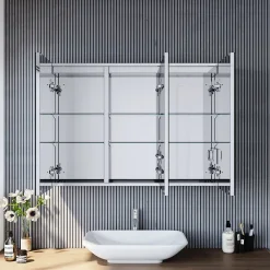 Sirhona Armoire de toilette en Acier Inoxydable Miroir double 90x65 cm Interrupteur tactile LED + Prise rasoir + Grand rangement