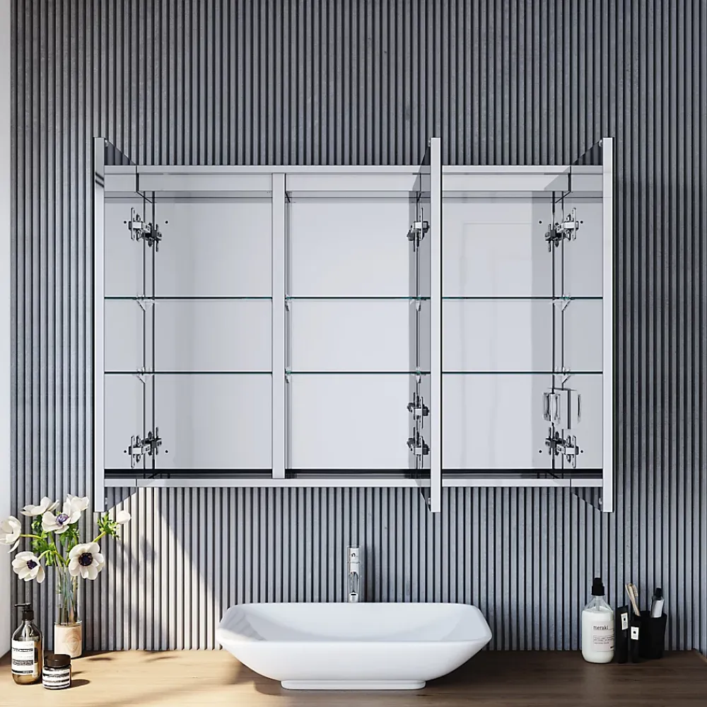 Sirhona Armoire de toilette en Acier Inoxydable Miroir double 90x65 cm Interrupteur tactile LED + Prise rasoir + Grand rangement