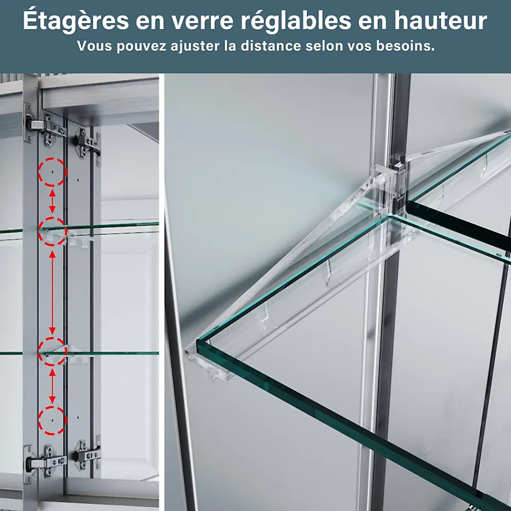 Sirhona Armoire de toilette en aluminium LED 650 x 600 x 130mm Meuble de rangement pour salle de bain Smart Interrupteurs tactiles