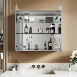 Armoire De Toilette|Sirhona Armoire de toilette en aluminium LED 650 x 650 x 130mm Meuble de rangement pour salle de bain Smart Interrupteurs tactiles