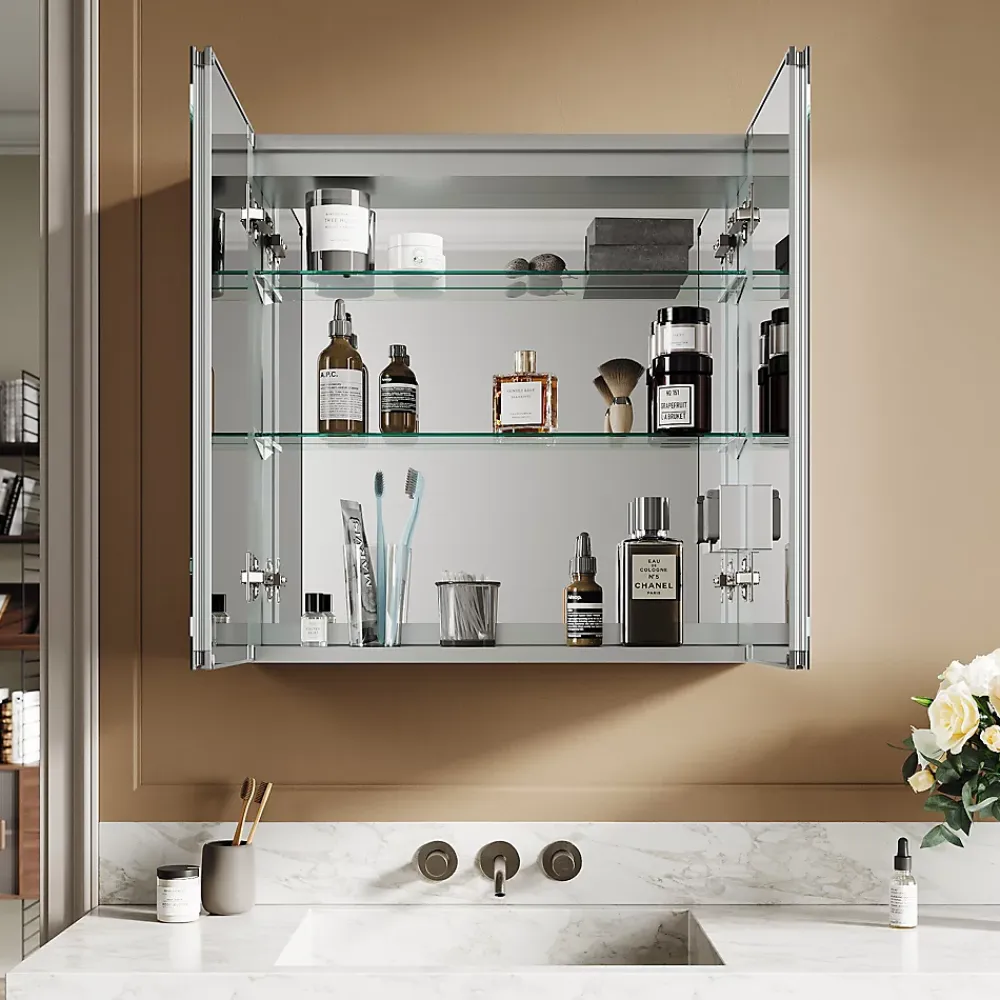 Armoire De Toilette|Sirhona Armoire de toilette en aluminium LED 650 x 650 x 130mm Meuble de rangement pour salle de bain Smart Interrupteurs tactiles
