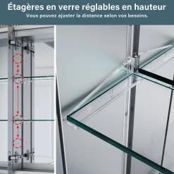 Armoire De Toilette|Sirhona Armoire de toilette en aluminium LED 650 x 650 x 130mm Meuble de rangement pour salle de bain Smart Interrupteurs tactiles