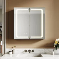 Sirhona Armoire de toilette en Aluminium Miroir multi-surfaces 65x65 cm Interrupteur tactile LED + Anti-buée + Prise rasoir