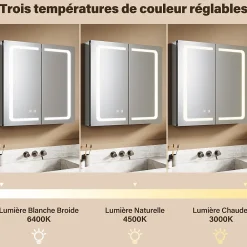Sirhona Armoire de toilette en Aluminium Miroir multi-surfaces 65x65 cm Interrupteur tactile LED + Anti-buée + Prise rasoir
