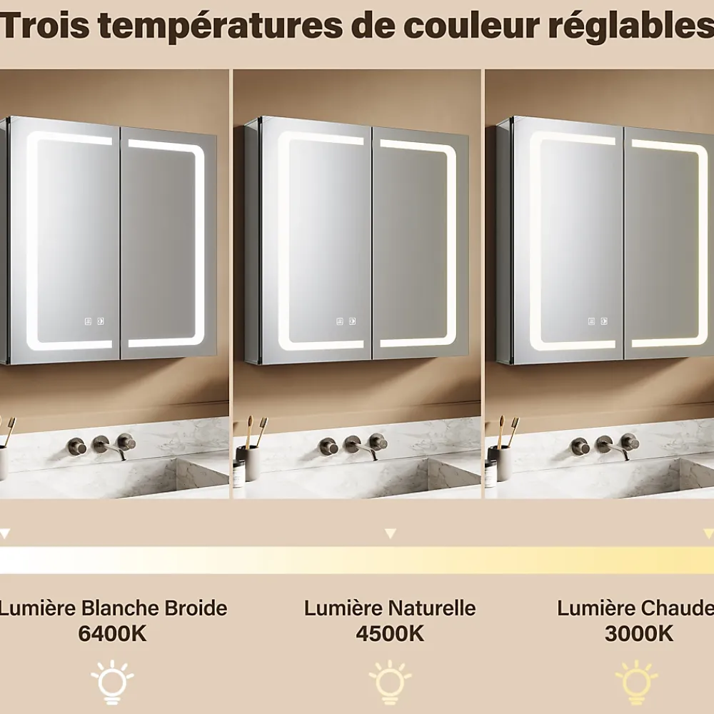 Sirhona Armoire de toilette en Aluminium Miroir multi-surfaces 65x65 cm Interrupteur tactile LED + Anti-buée + Prise rasoir