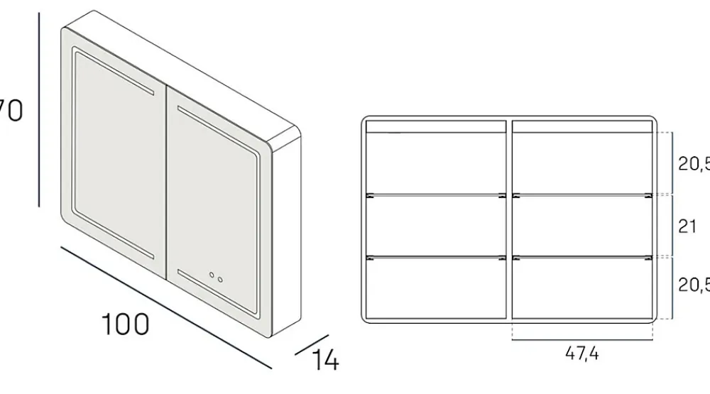 Armoire De Toilette|Poalgi Armoire de toilette LED aluminium MANILLONS 2p miroir l. 100 cm H. 70 cm P. 14 cm - Gan