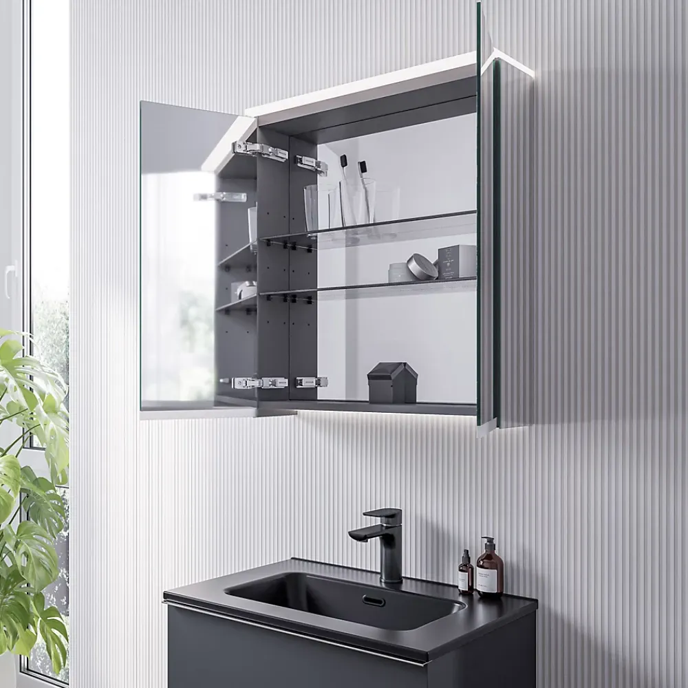 Armoire De Toilette|Bernstein Armoire de toilette MFC 2 portes miroirs, éclairage LED, prise de courant intérieure + 2 tablettes verre, 60x71x19cm (LxHxP), VARO