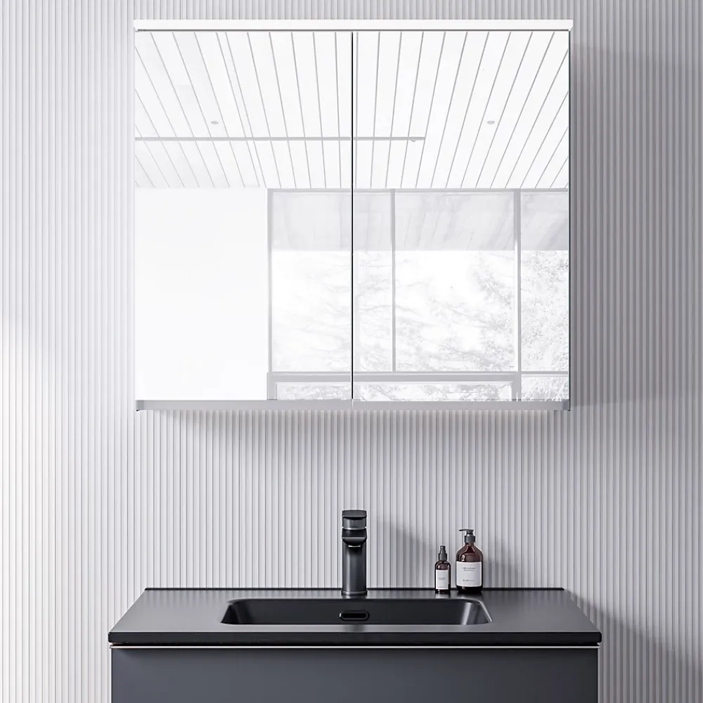 Armoire De Toilette|Bernstein Armoire de toilette MFC 2 portes miroirs, éclairage LED, prise de courant intérieure + 2 tablettes verre, 80x71x19cm (LxHxP), VARO