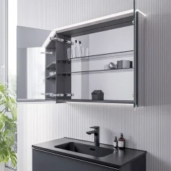 Armoire De Toilette|Bernstein Armoire de toilette MFC 2 portes miroirs, éclairage LED, prise de courant intérieure + 2 tablettes verre, 80x71x19cm (LxHxP), VARO