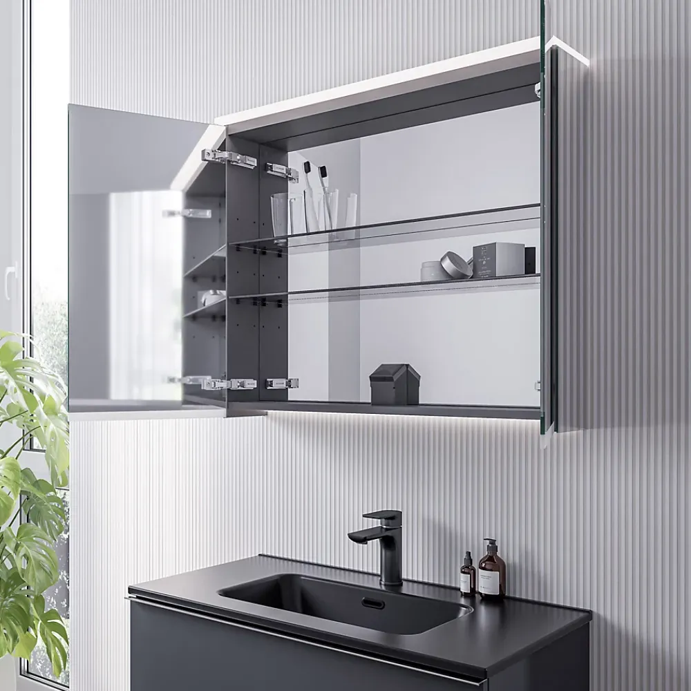 Armoire De Toilette|Bernstein Armoire de toilette MFC 2 portes miroirs, éclairage LED, prise de courant intérieure + 2 tablettes verre, 80x71x19cm (LxHxP), VARO