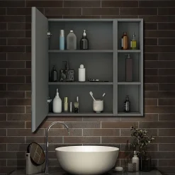 AICA Sanitaire Armoire de Toilette Mural avec Miroir Niches Intégrées et Rangement Fermé - Moderne, Anthracite, 80x70 cm,
