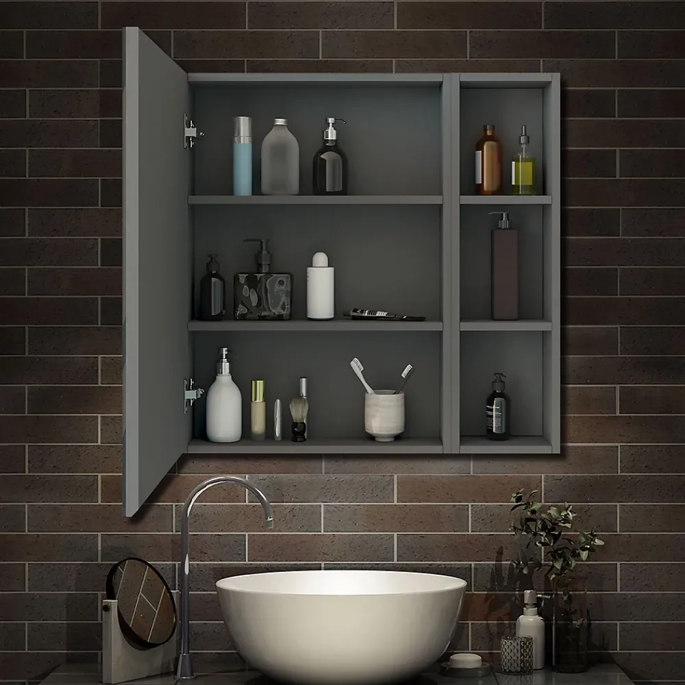 AICA Sanitaire Armoire de Toilette Mural avec Miroir Niches Intégrées et Rangement Fermé - Moderne, Anthracite, 80x70 cm,