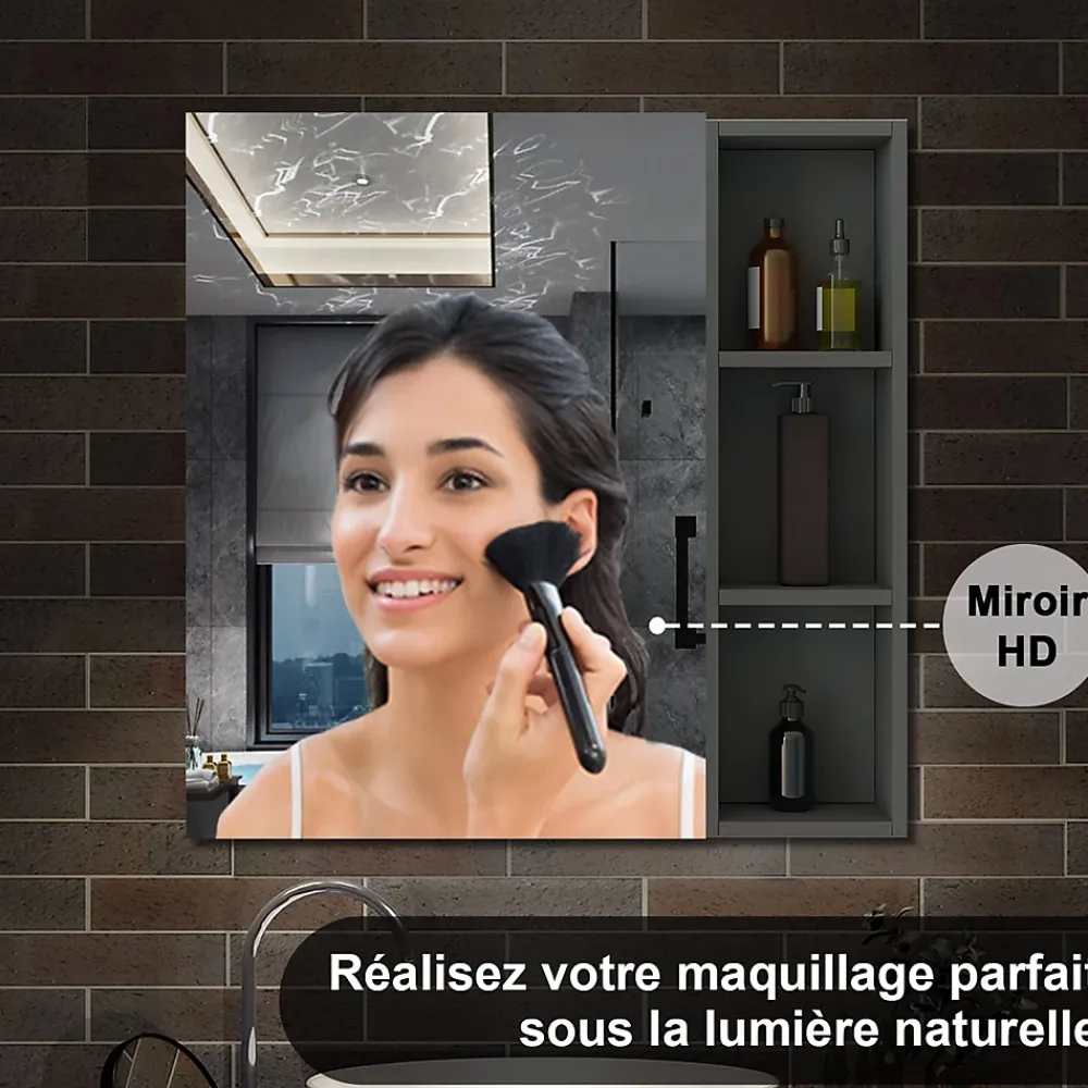 AICA Sanitaire Armoire de Toilette Mural avec Miroir Niches Intégrées et Rangement Fermé - Moderne, Anthracite, 80x70 cm,
