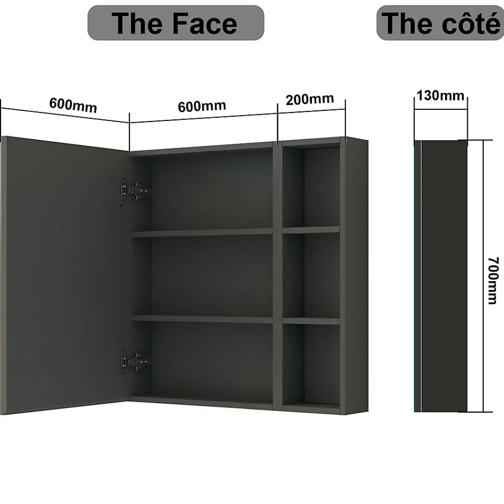 AICA Sanitaire Armoire de Toilette Mural avec Miroir Niches Intégrées et Rangement Fermé - Moderne, Anthracite, 80x70 cm,
